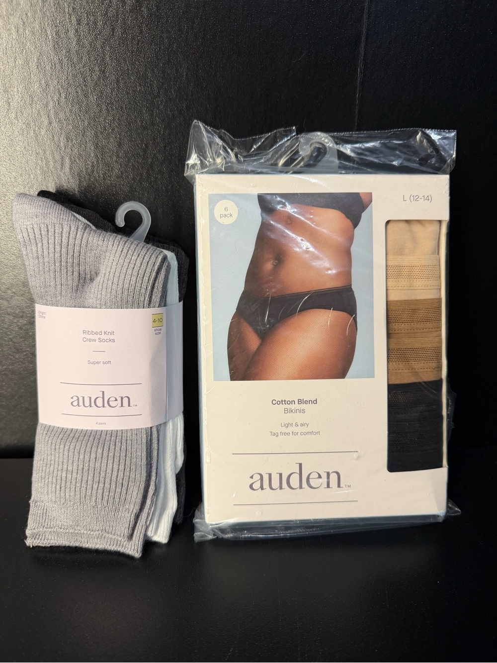 NWT Auden Bundle: 6-Pack Cotton Blend Bikinis (L) & 4-Pair Ribbed Crew Socks
